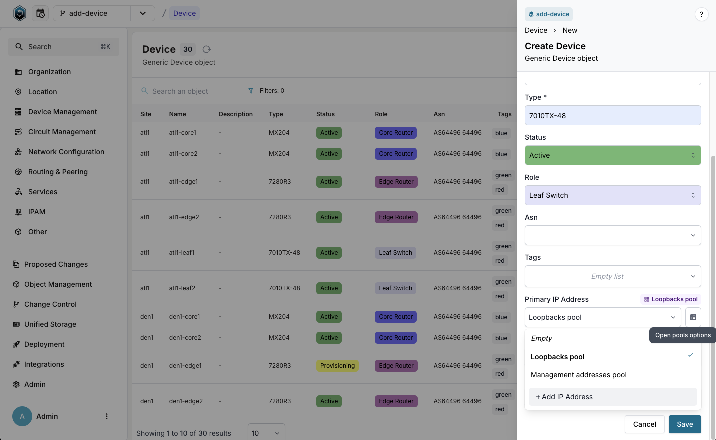 Device creation with pool selection